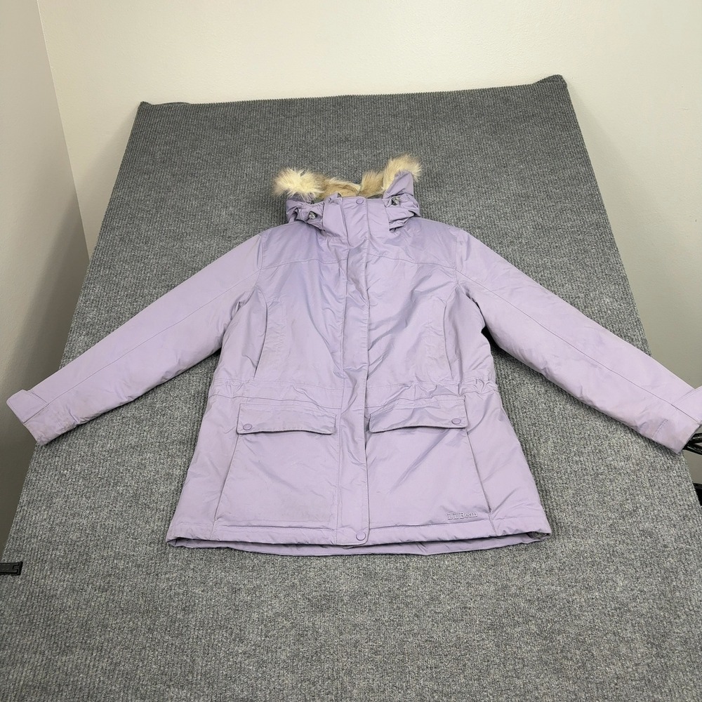 LL Bean‎ Parka Jacket Womens L Purple Down Insulated Faux Fur Trim Hooded Coat